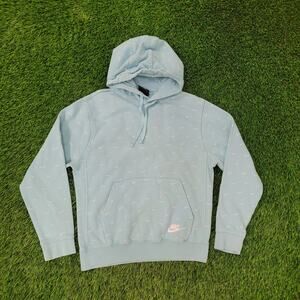 NIKE Swoosh All-Over-Print Hoodie Small 21x24 Blue Baggy Crop